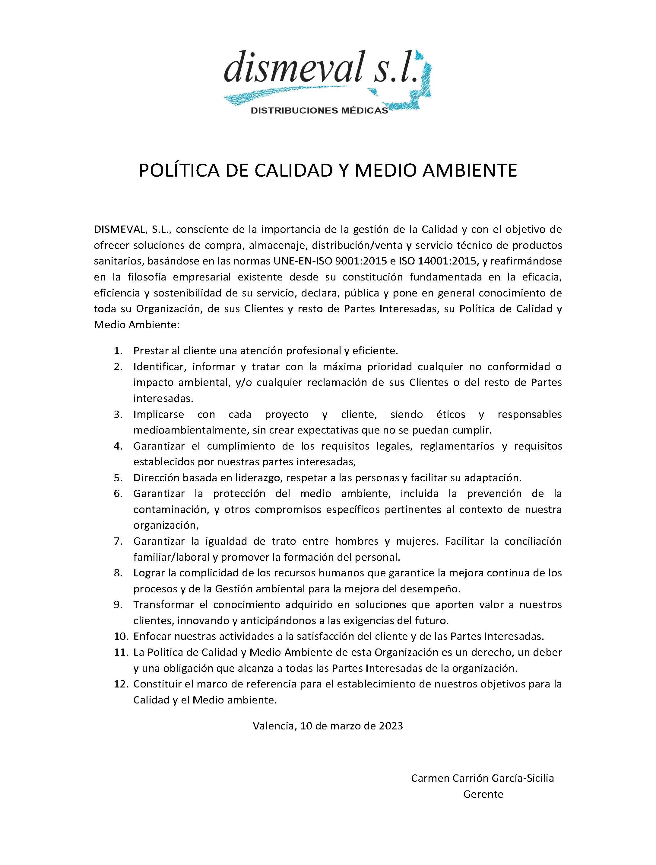 POLÍTICA DE LA CALIDAD Y MEDIO AMBIENTE DISMEVAL