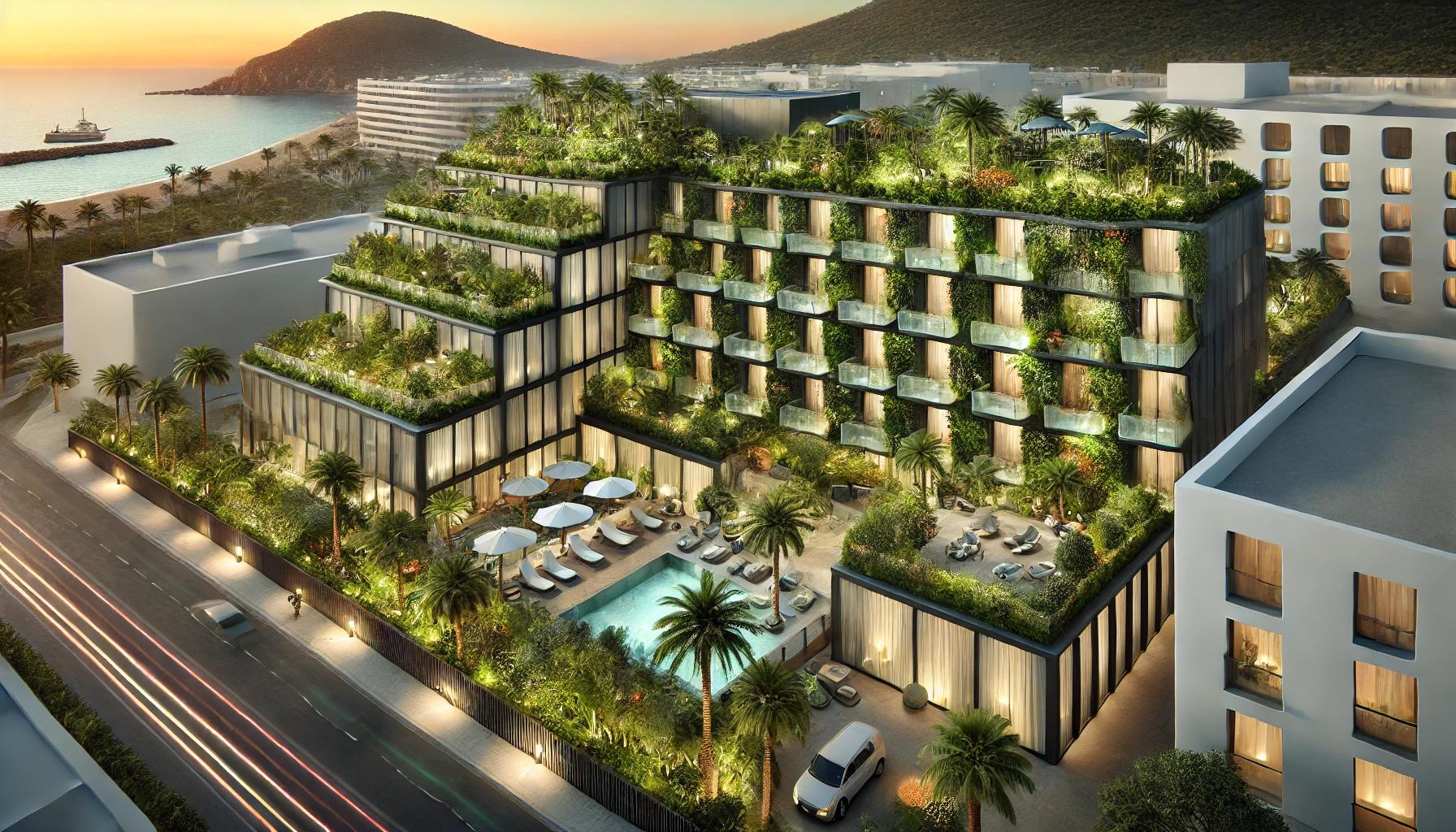 DALLE 2024-07-26 093122 - High-tech luxury hotel in Ibiza featuring green roofs vertical gardens and integrated smart home technology for energy efficiency and sustainabilitywebp