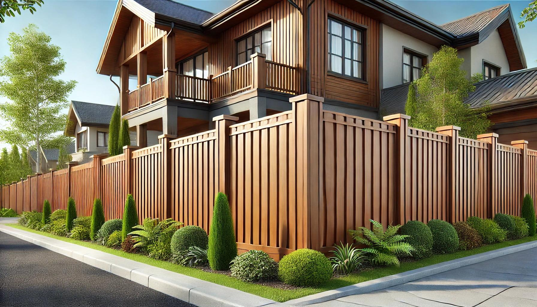 DALLE 2024-06-27 183802 - A detailed and realistic image of a professional wooden fence surrounding a property The fence is made of vertical wooden planks evenly spaced and jpg