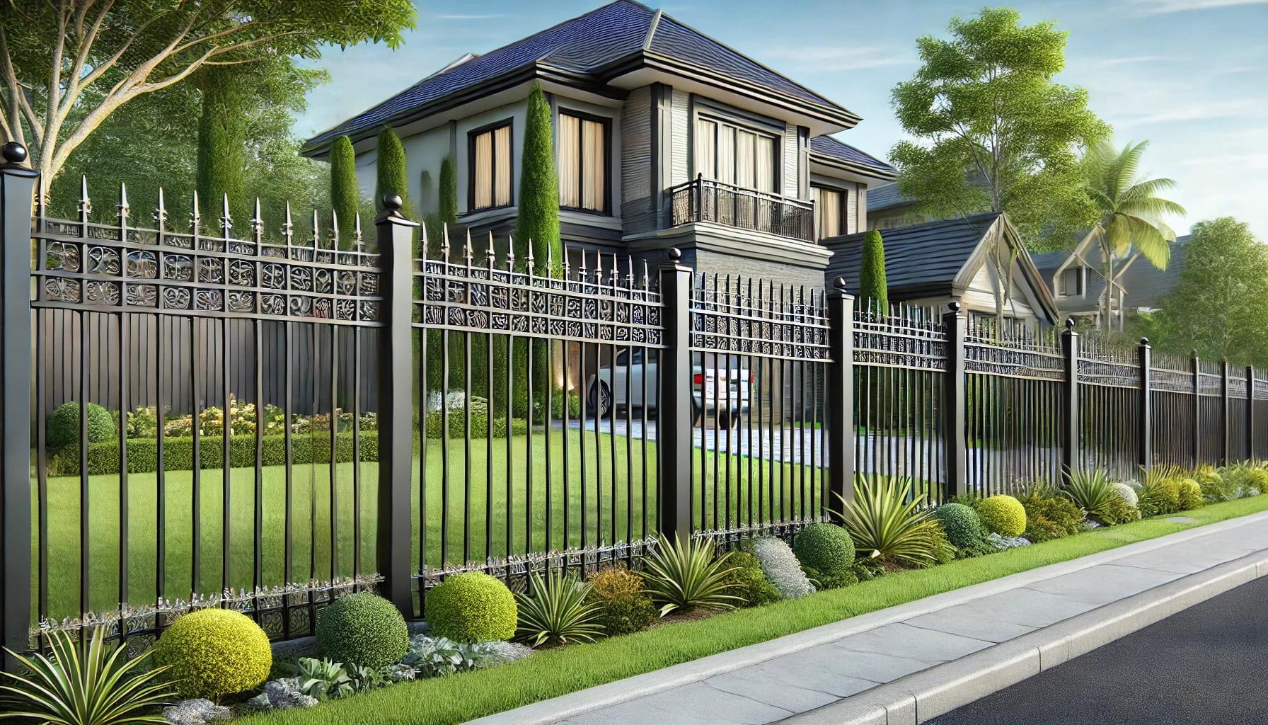 DALLE 2024-06-27 183945 - A detailed and realistic image of a professional metal fence surrounding a property The fence is made of vertical metal bars with ornamental designsjpg