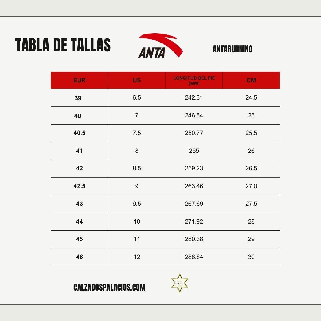 tabla de tallas de la marca anta sports por calzados palacios