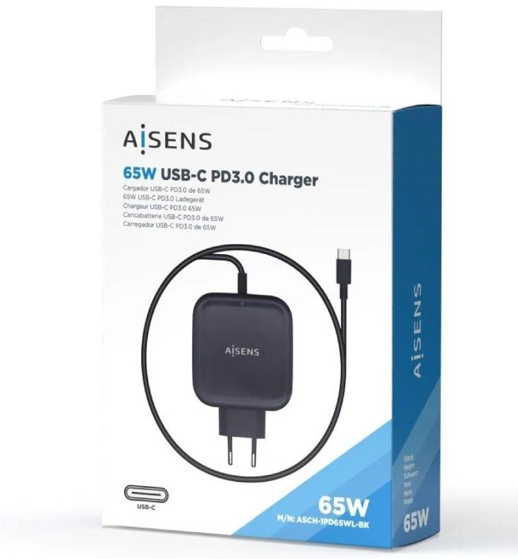 Cargador de Pared Aisens ASCH-1PD65WL-BK/ 1xUSB Tipo-C/ 65W