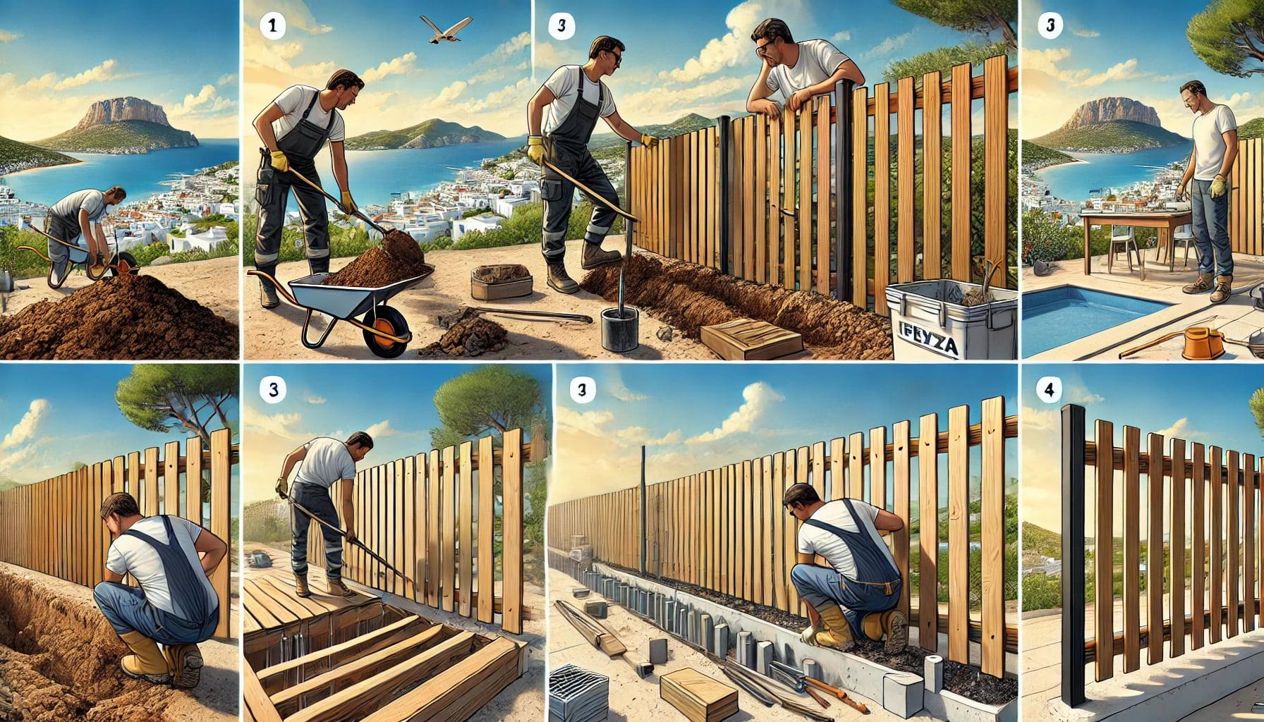 DALLE 2024-06-27 184524 - A highly detailed and professional illustration of the process of installing a fence in Ibiza The image should include a step-by-step sequence showinjpg