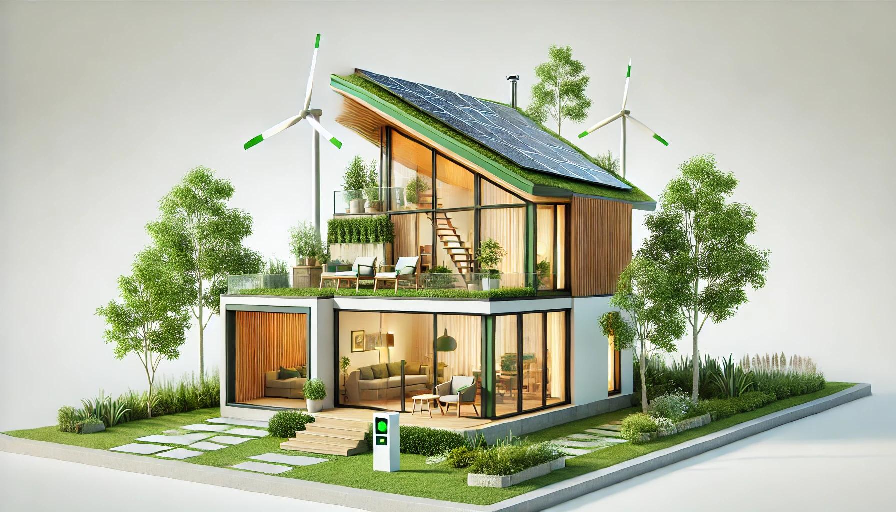 DALLE 2024-07-26 094314 - A simple eco-friendly house based on previous prompts The house features renewable energy sources like solar panels and wind turbines sustainable bwebp