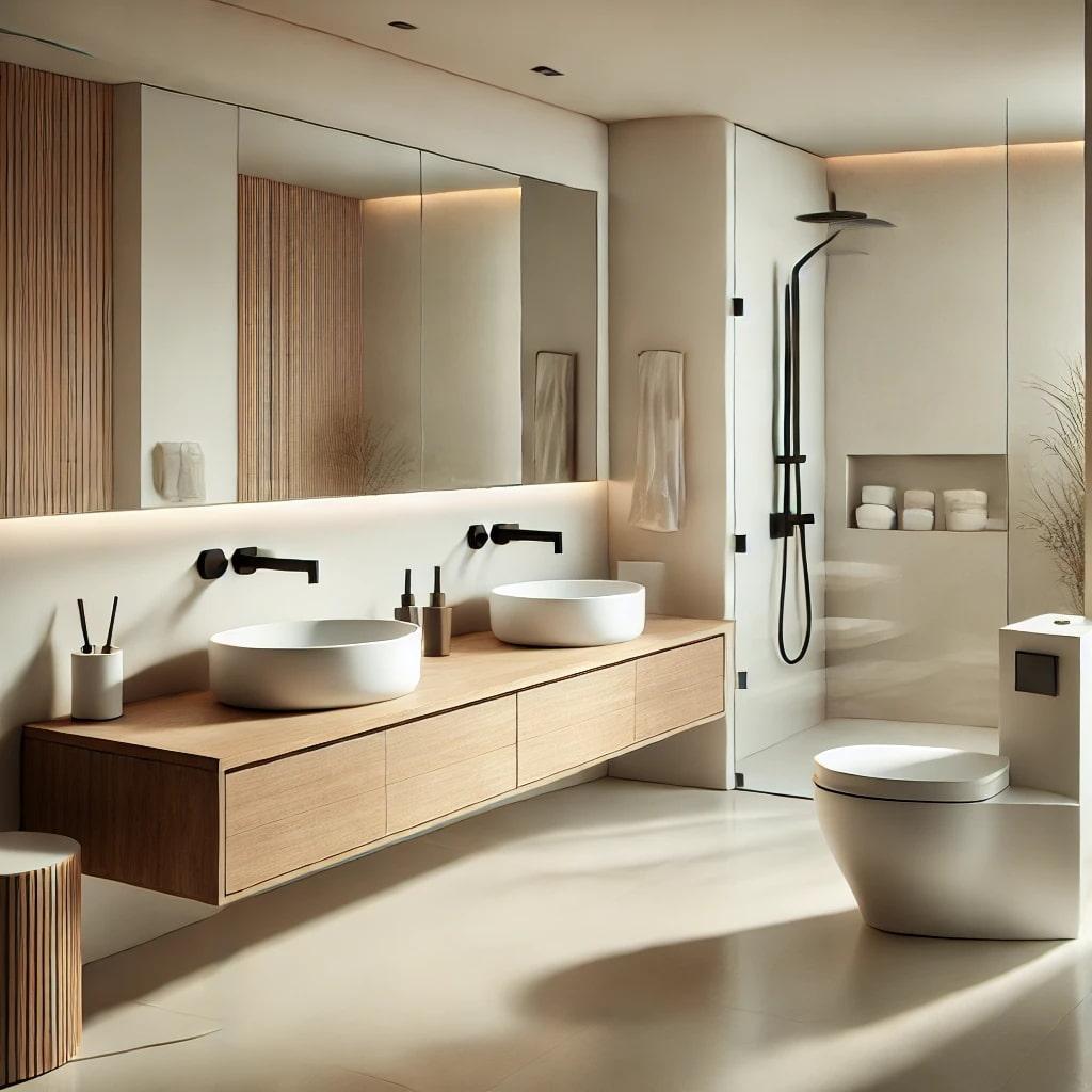 Baño contemporáneo con doble lavabo y acabados de madera en Ibiza.