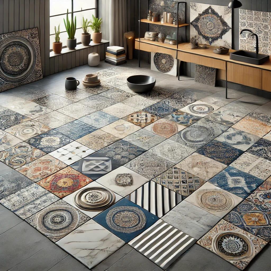 DALLE 2024-06-19 131200 - A realistic image of ceramic tiles perfect for floors and bathrooms showing their durability and easy maintenance The image includes various stylesjpg