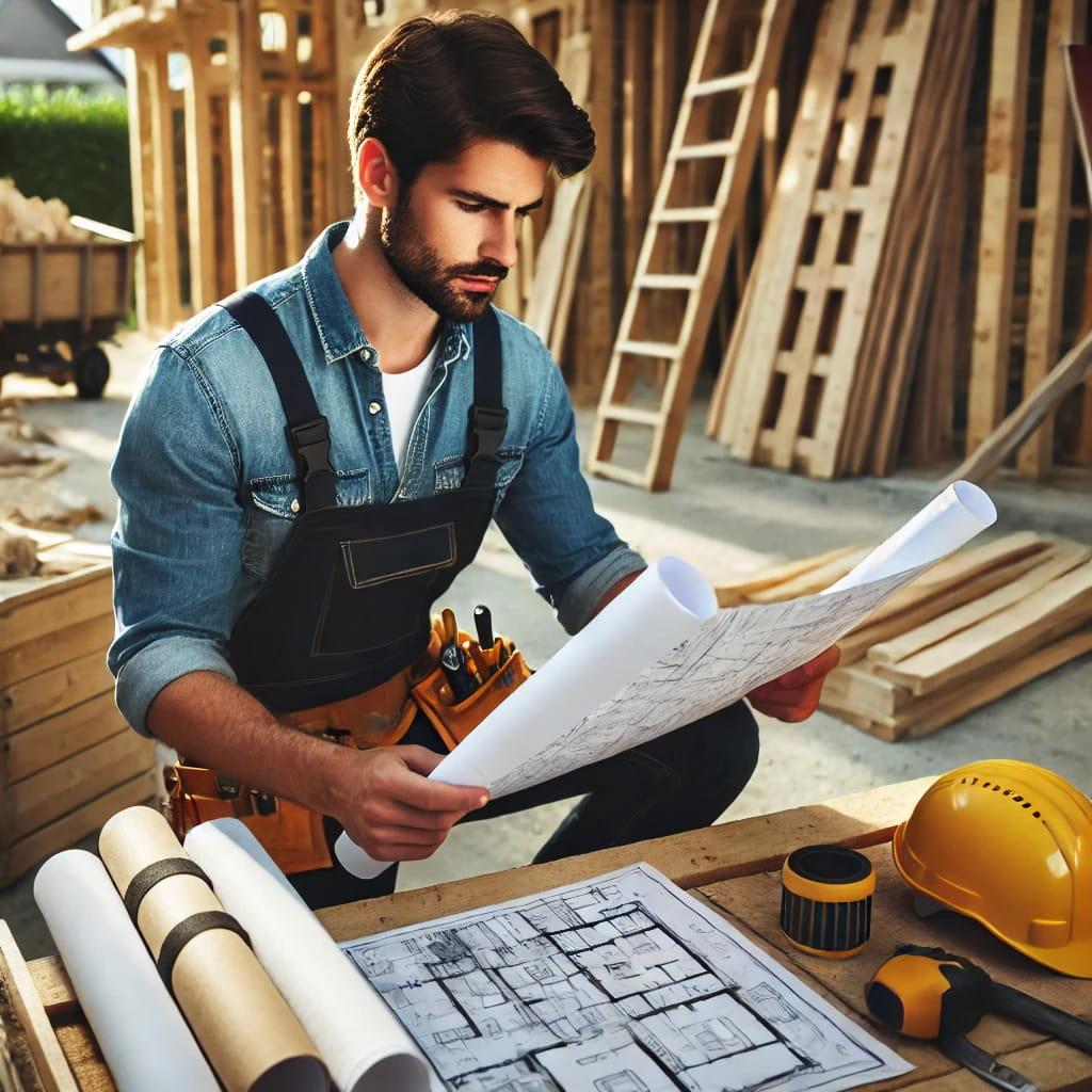 DALLE 2024-06-19 124841 - A contractor reviewing blueprints at a construction site surrounded by building materials and tools The contractor looks focused and professionaljpg