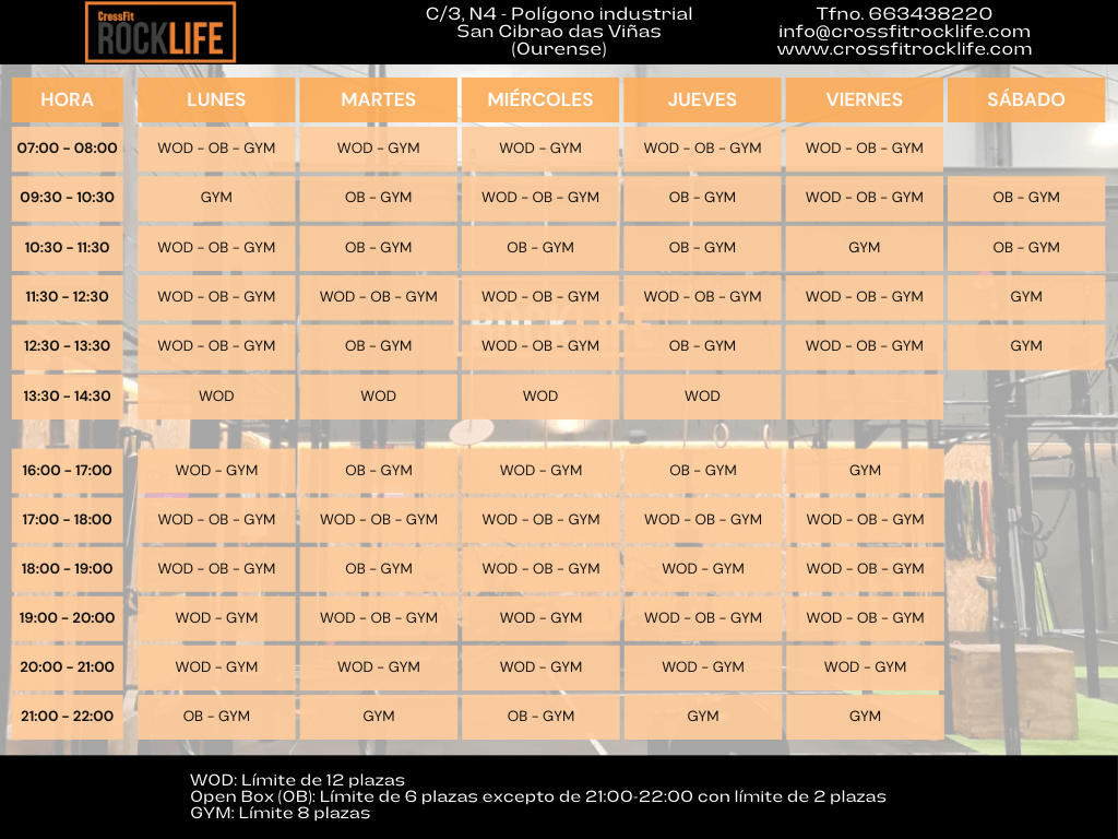 Horarios gimnasio Crossfit RockLife URBAN - El Pino -  Ourense