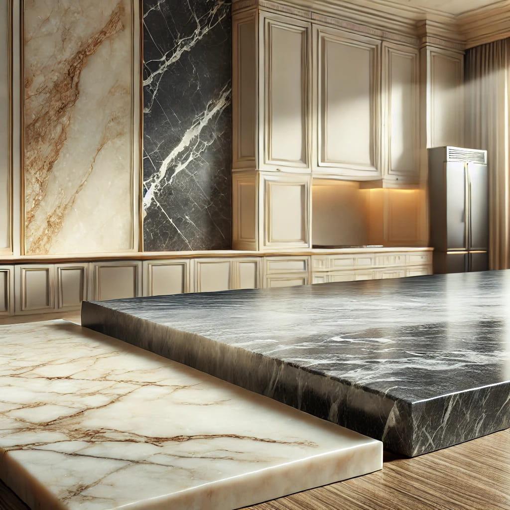 DALLE 2024-06-19 131215 - A realistic image of marble and granite surfaces showing the elegance and durability of natural stone The image highlights their use in countertops jpg