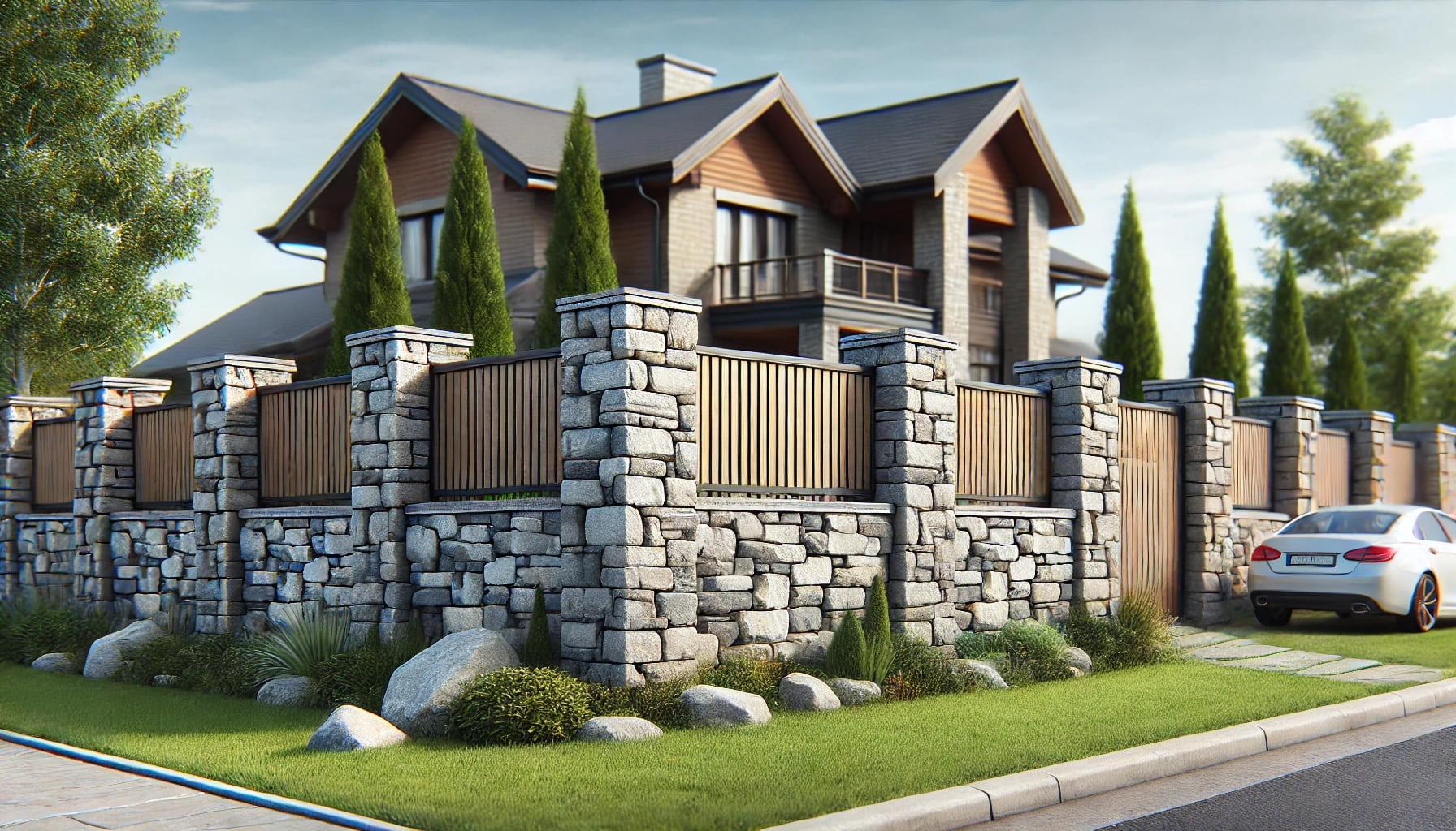 DALLE 2024-06-27 184204 - A detailed and realistic image of a professional stone fence surrounding a property The fence is made of large irregularly shaped stones creating ajpg