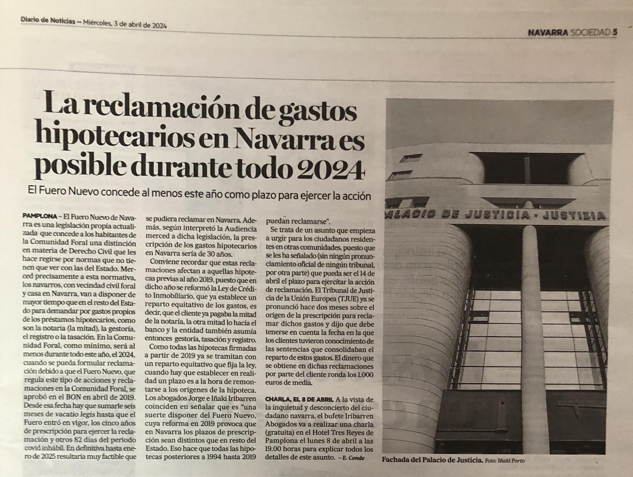 Los gastos hipotecarios en Navarra se pueden reclamar durante todo 2024 gracias al Fuero Nuevo