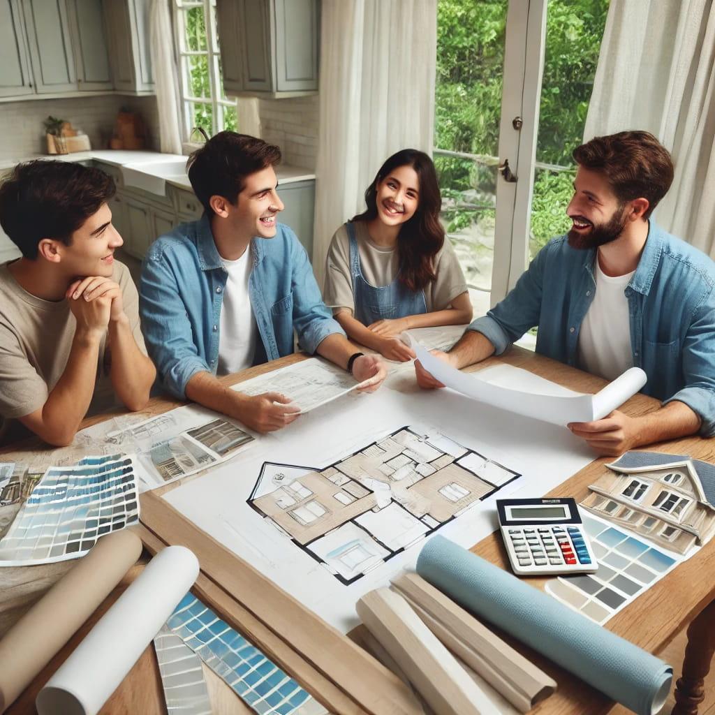 DALLE 2024-06-19 124109 - A family planning their home renovation sitting at a table with blueprints and material samples spread out in front of them They are discussing theijpg