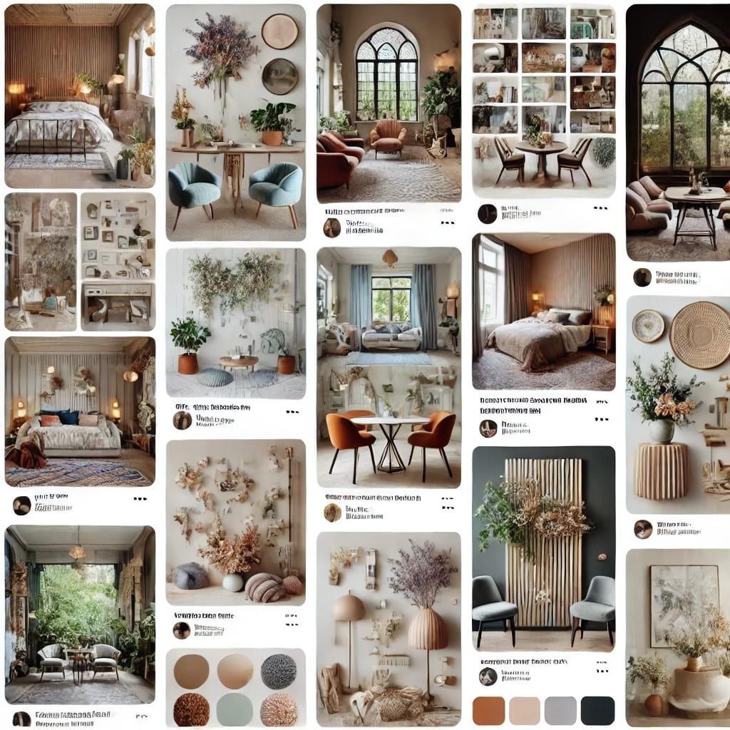 DALLE 2024-06-19 124331 - Screenshot of a Pinterest board filled with interior design ideas and inspiration for home renovations The board includes images of various room desijpg